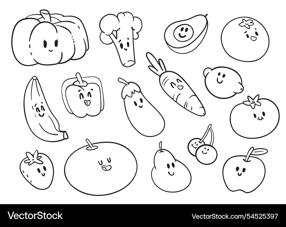 Obst und Gemüse mit lustigen Gesichtern im Comic Obst und Gemüse mit lustigen Gesichtern im Comic vektorbild