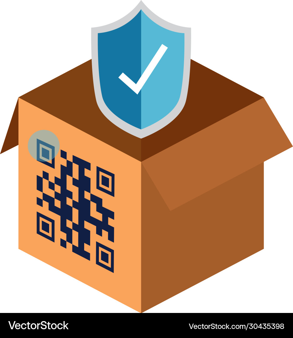 Qr code over box and shield design Vector Image