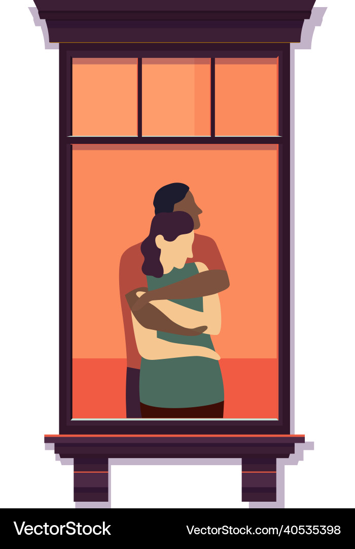 Window frame with hugging people inside neighbor Vector Image