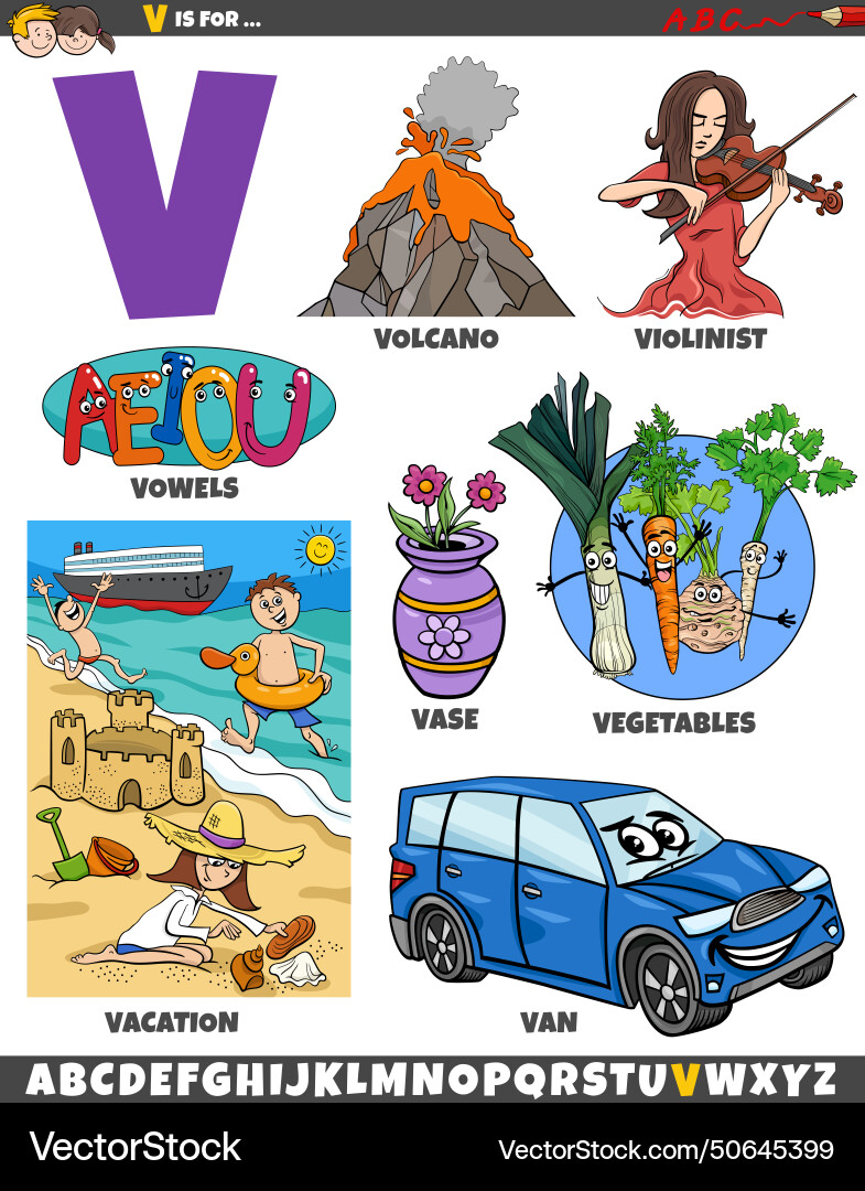 Letter v set with cartoon objects and characters Letter v set with cartoon objects and characters vector image