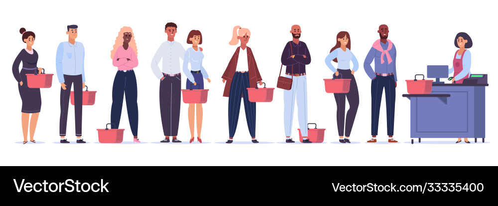 Grocery queue shopping characters in store line Grocery queue shopping characters in store line vector image