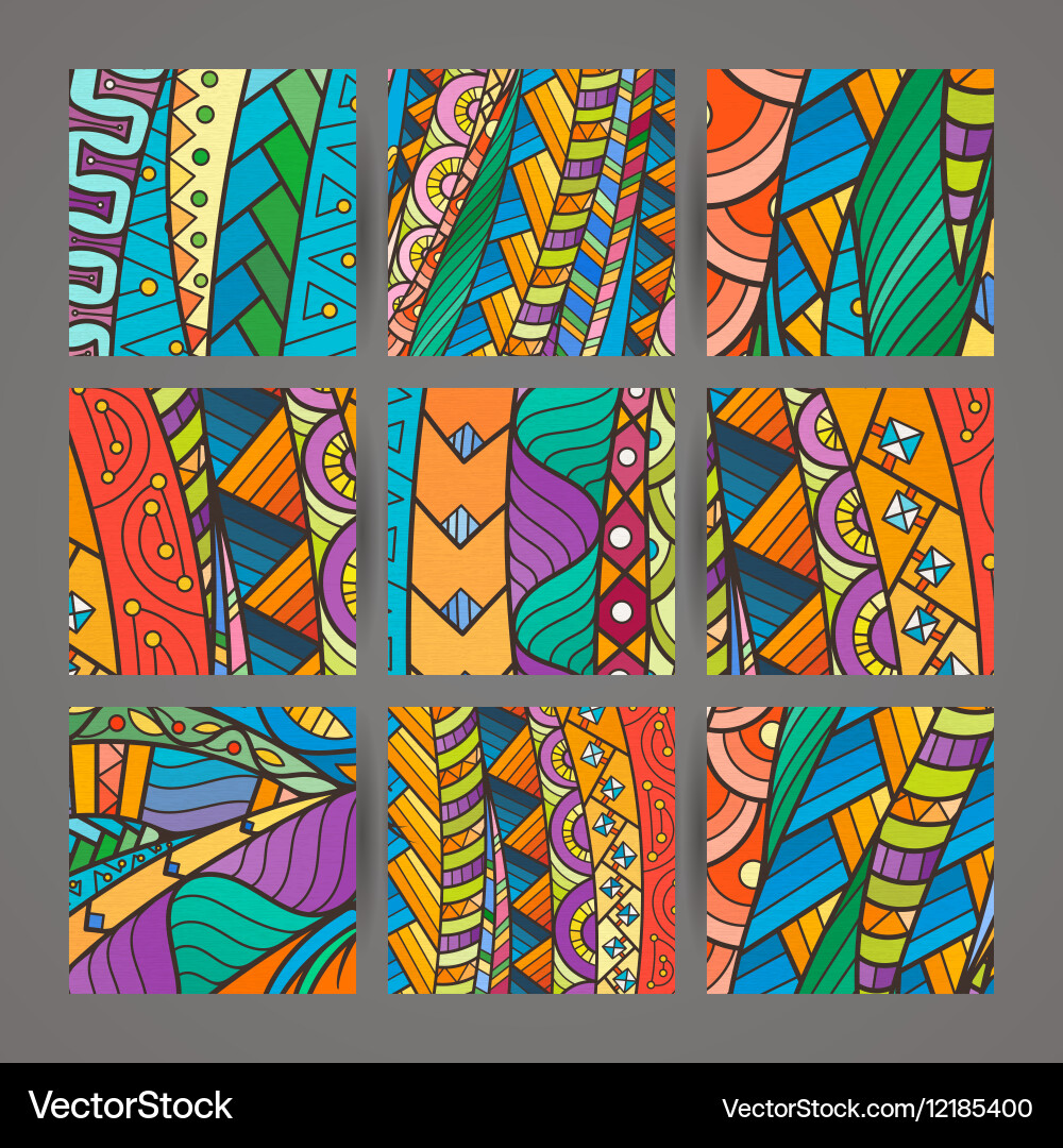 Set of four colorful intricate patterns doodle Vector Image