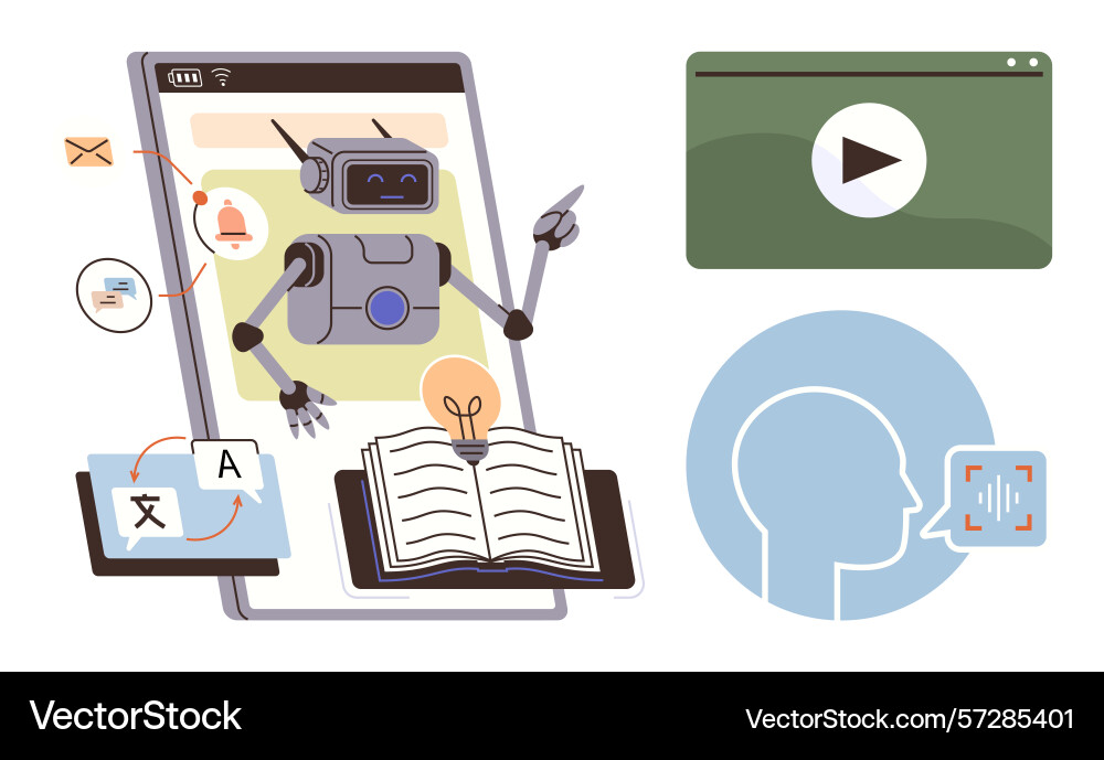 Ai robot assisting with learning translation Ai robot assisting with learning translation vector image