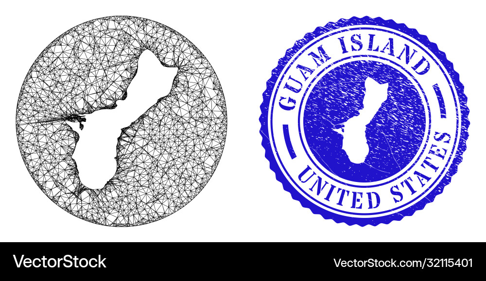 Mesh net inverted guam island map and grunge Vector Image