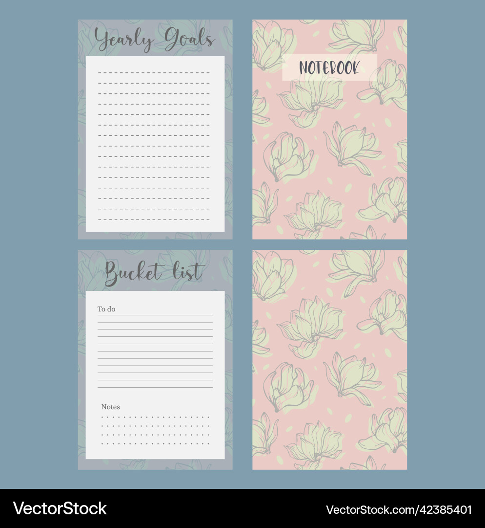 Set of notebook pages year goals and bucket list Set of notebook pages year goals and bucket list Vector Image