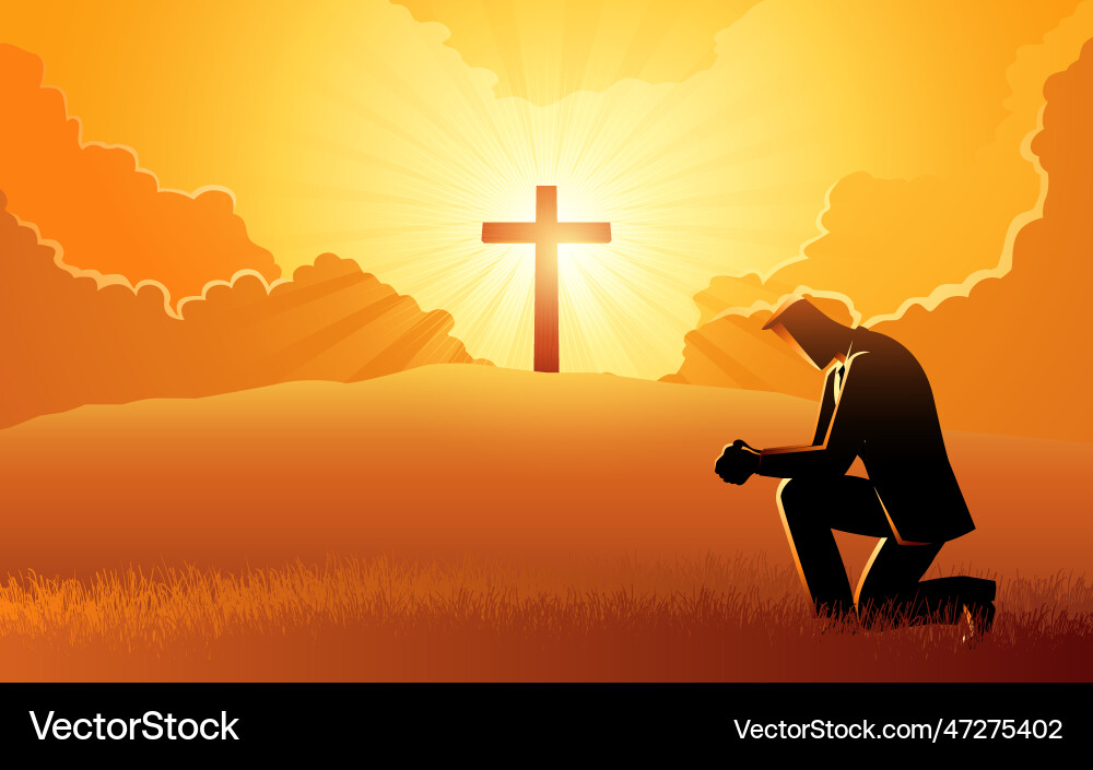 Man Praying with Cross and Light vector image