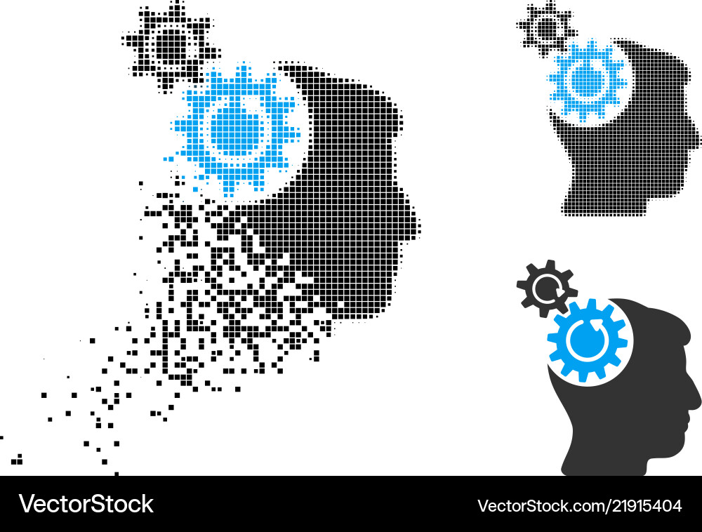 Fractured pixelated halftone head cogs rotation Vector Image