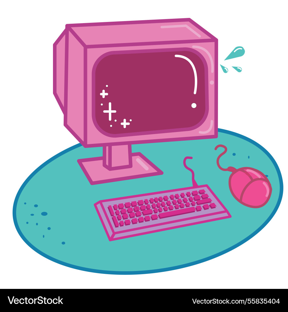 Pink retro monitor computer mouse and keyboard Vector Image