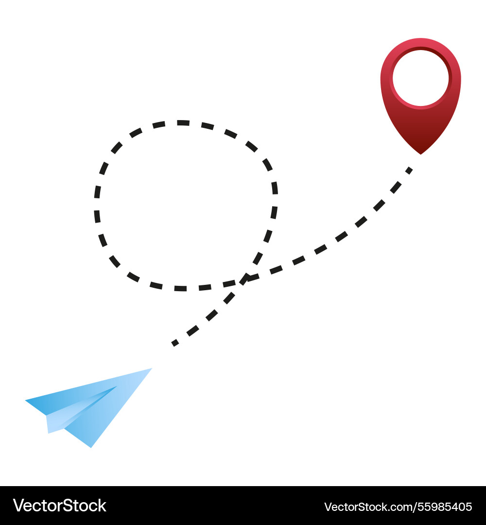 Paper plane flight dashed route path red location Paper plane flight dashed route path red location vector image