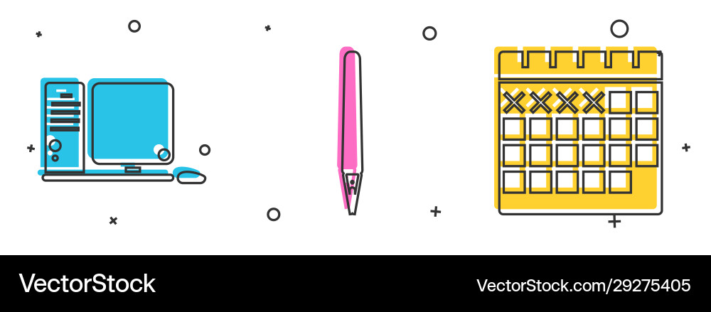 Set computer monitor with keyboard and mouse pen Set computer monitor with keyboard and mouse pen Vector Image