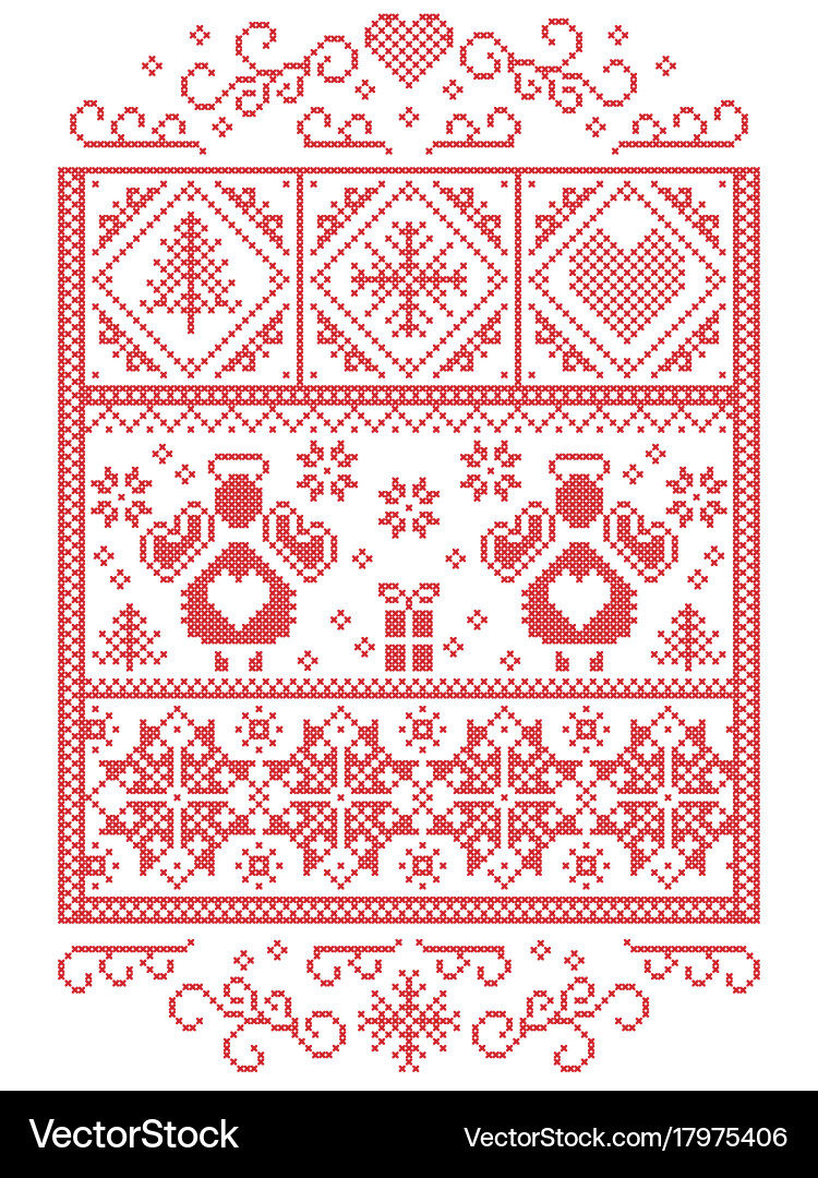 Scandinavian christmas card in cross stitch Vector Image
