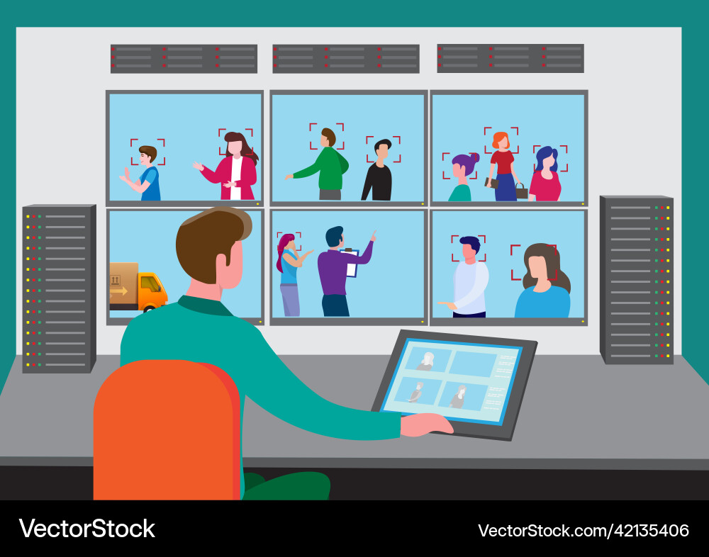 Security guards look at the display Security guards look at the display Vector Image