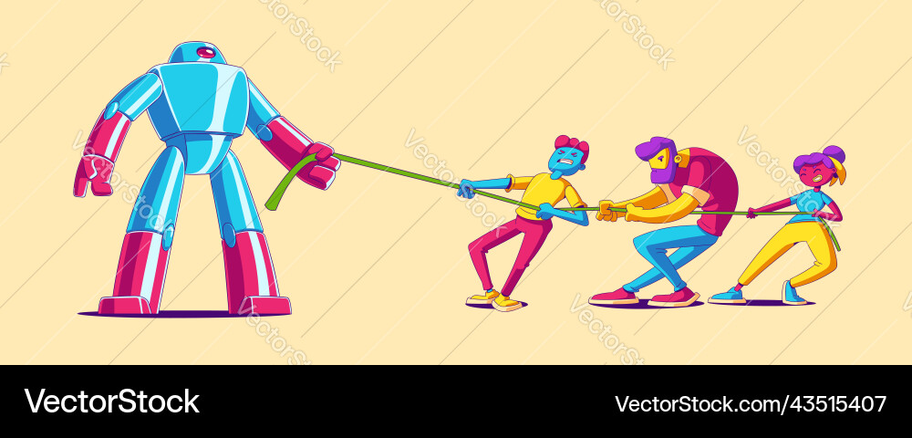 Office people team tug of war battle with robot vector image