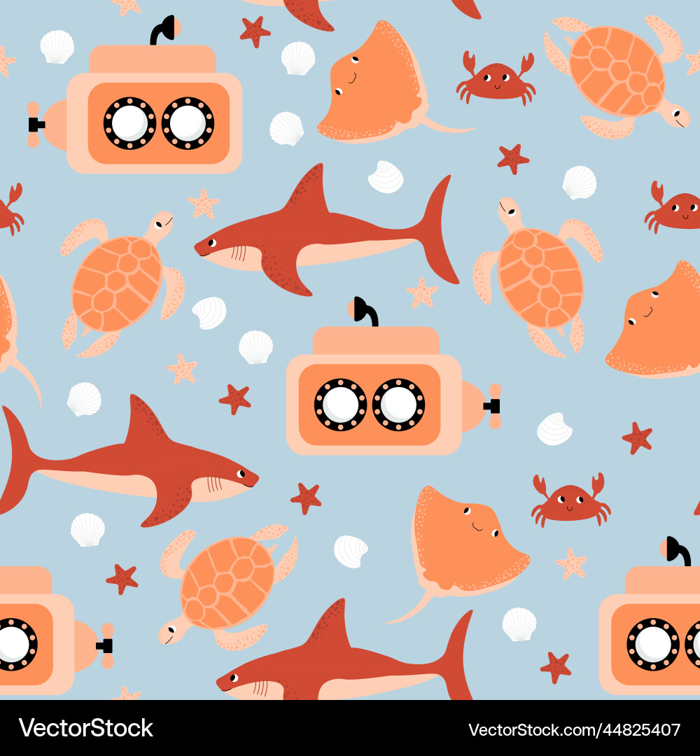 Seamless pattern with shark submarine Vector Image