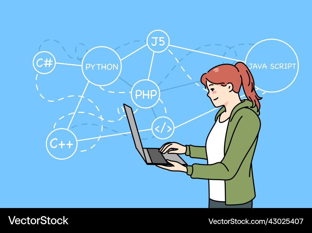 Woman programmer writing codes on computer Woman programmer writing codes on computer Vector Image