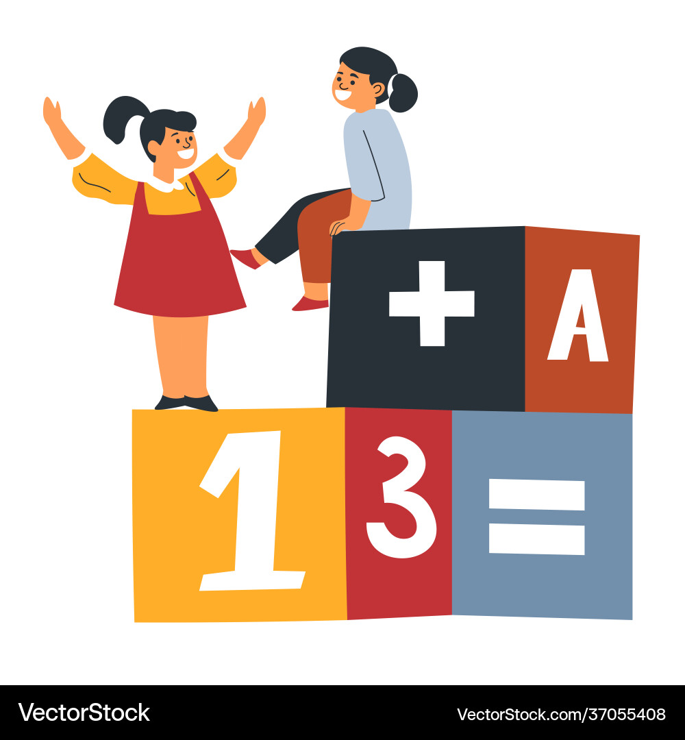 Mädchen spielen Würfel mit Mathematik Zahlen und Buchstaben Mädchen spielen Würfel mit Mathematik Zahlen und Buchstaben vektorbild