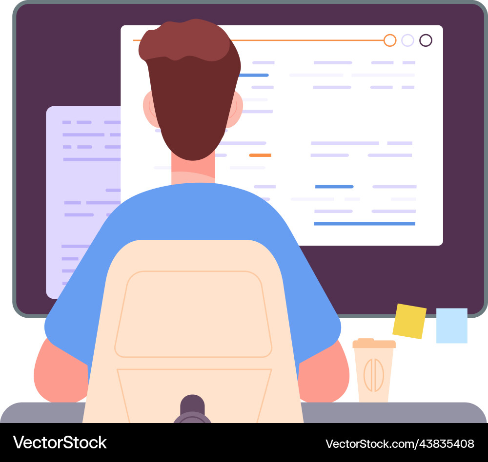 Programmer work back view code engineering screen Programmer work back view code engineering screen Vector Image