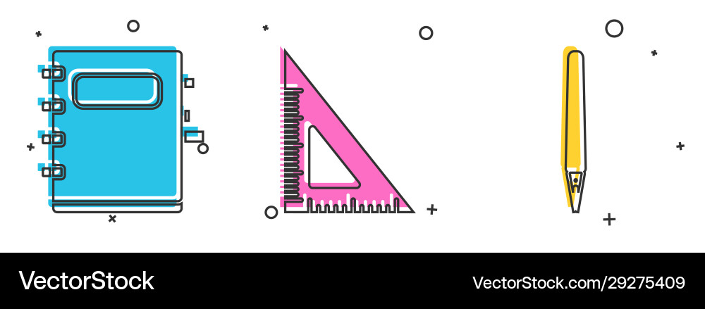 Set notebook triangular ruler and pen icon Set notebook triangular ruler and pen icon Vector Image