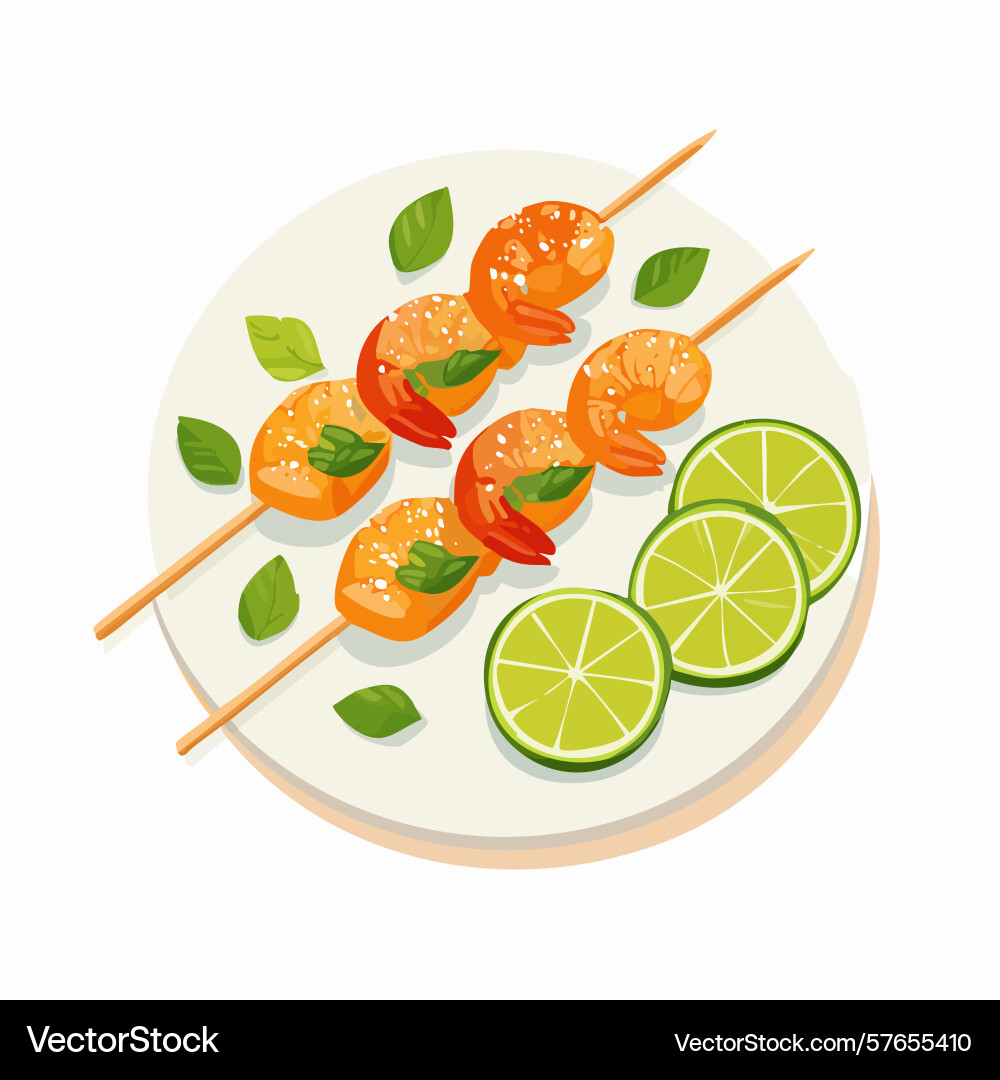 Grilled shrimp skewers with lime and basil Grilled shrimp skewers with lime and basil Vector Image