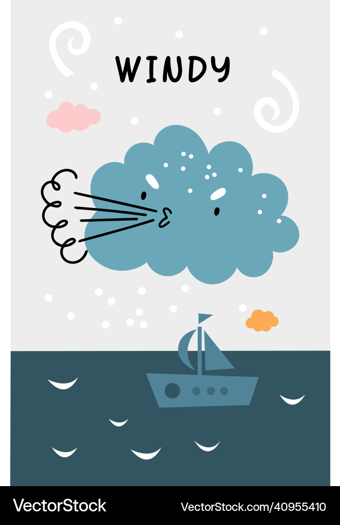 Windy Wetter Poster mit kawaii Wolke Charakter Windy Wetter Poster mit kawaii Wolke Charakter vektorbild