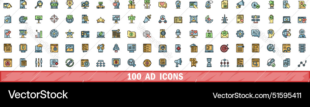 100 ad icons set color line style 100 ad icons set color line style vector image