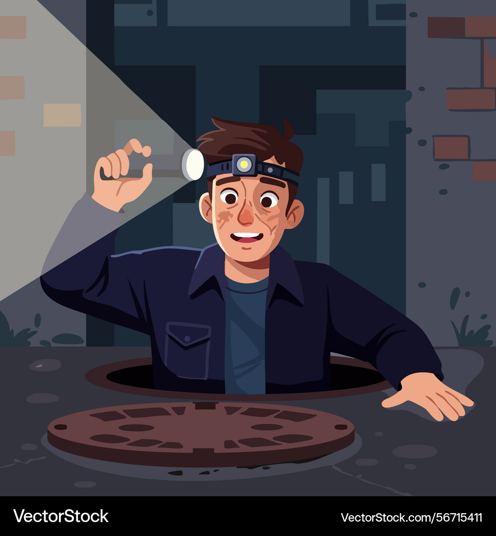 Man exploring sewer with flashlight and headlamp Man exploring sewer with flashlight and headlamp Vector Image