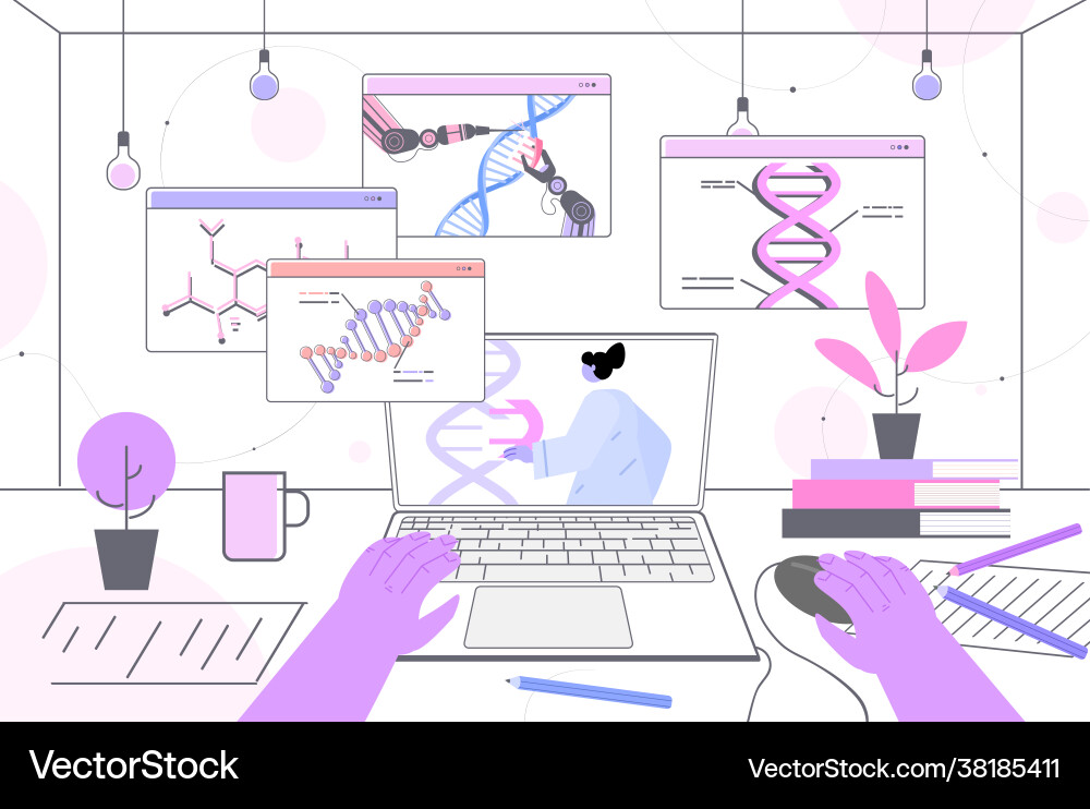 Scientist analyzing dna structure in web browser Vector Image