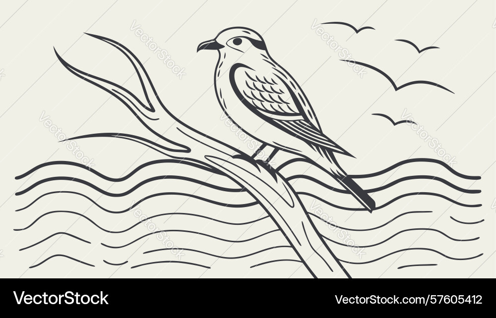 Bird on wavy branch outline with scenic lines Vector Image