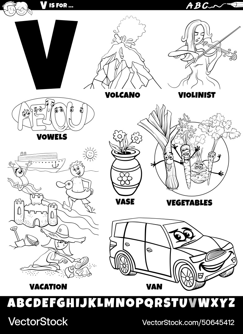 Letter v set with cartoon objects and characters Letter v set with cartoon objects and characters vector image