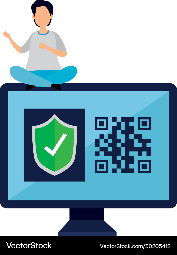 Man and computer with qr code isolated icon Vector Image