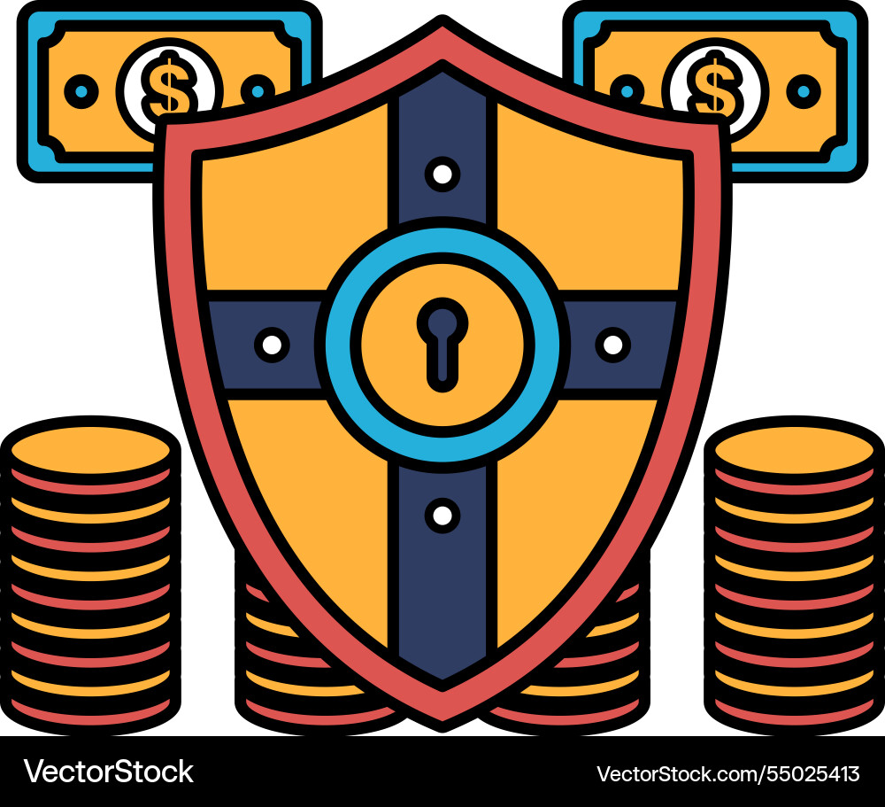 A shield with key on it and stacks of money Vector Image
