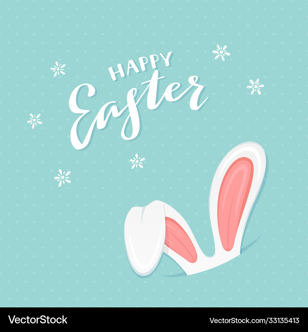 Blue background with rabbit ears and text happy Vector Image