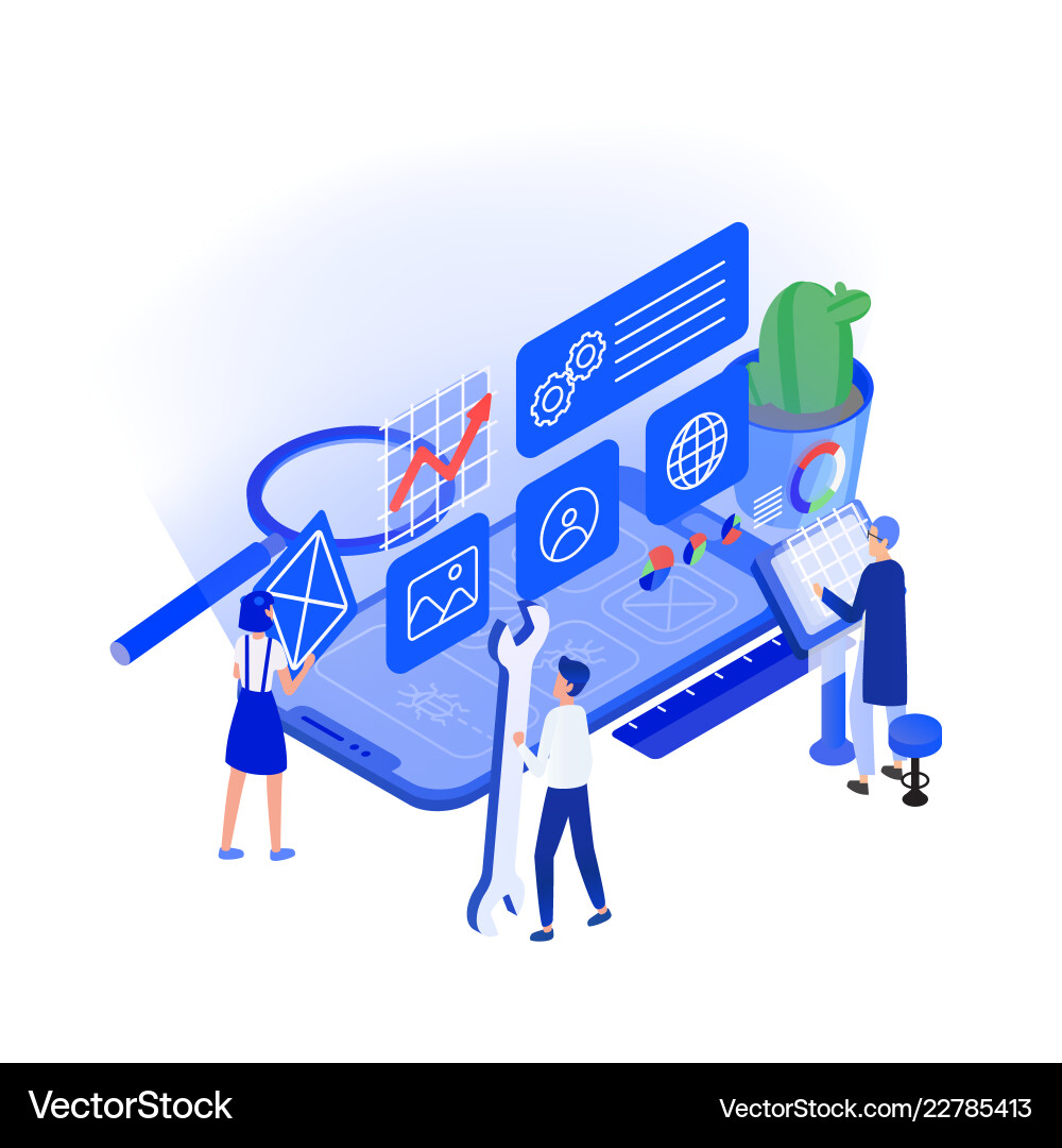 Smartphone App Testing with Tiny Figures vector image
