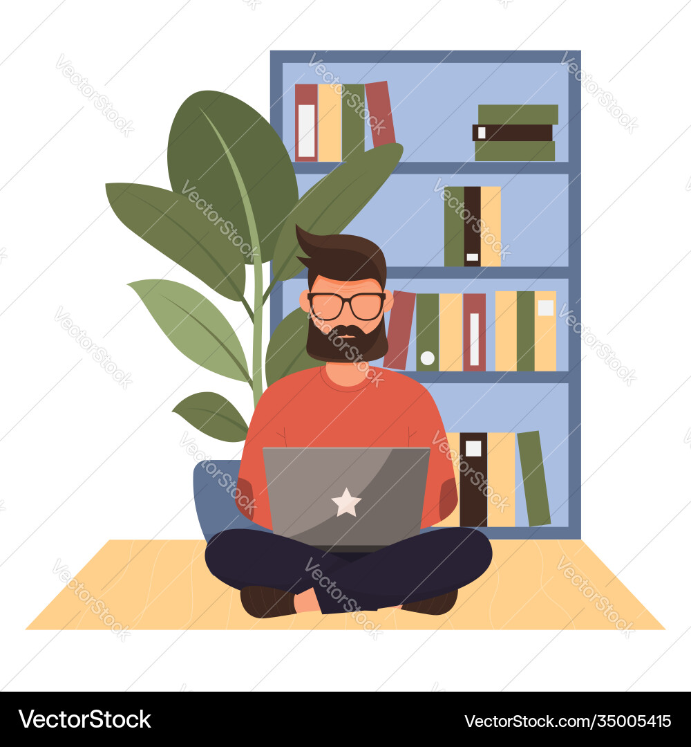Man working remotely from home Man working remotely from home Vector Image