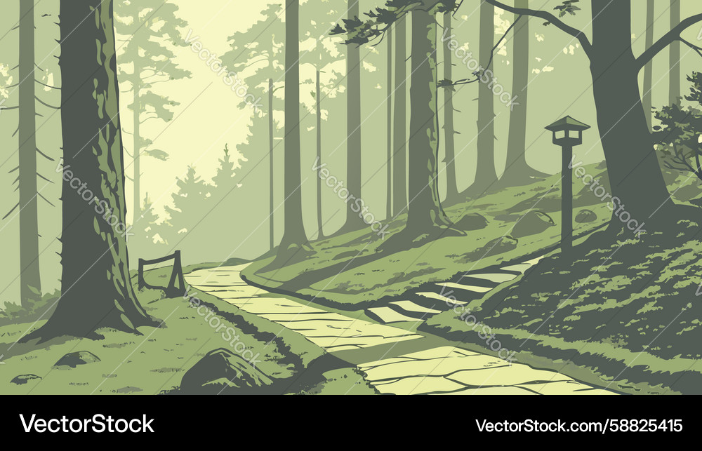 Mystical forest path with lantern and flowing Vector Image