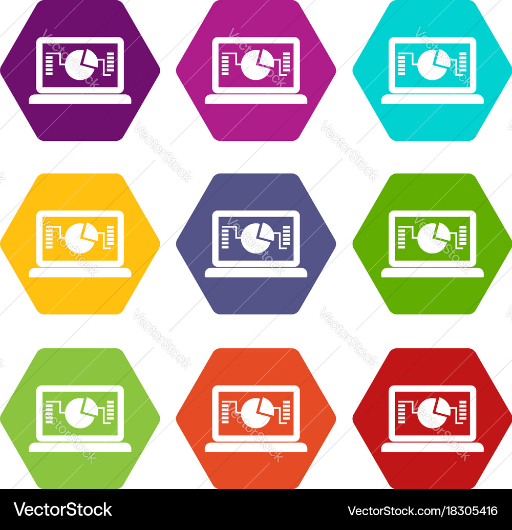 Laptop with business graph icon set color vector image