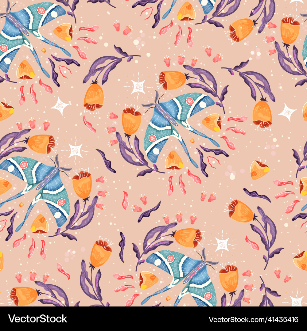 Moth und florale Motive nahtloses Musterdesign Moth und florale Motive nahtloses Musterdesign vektorbild