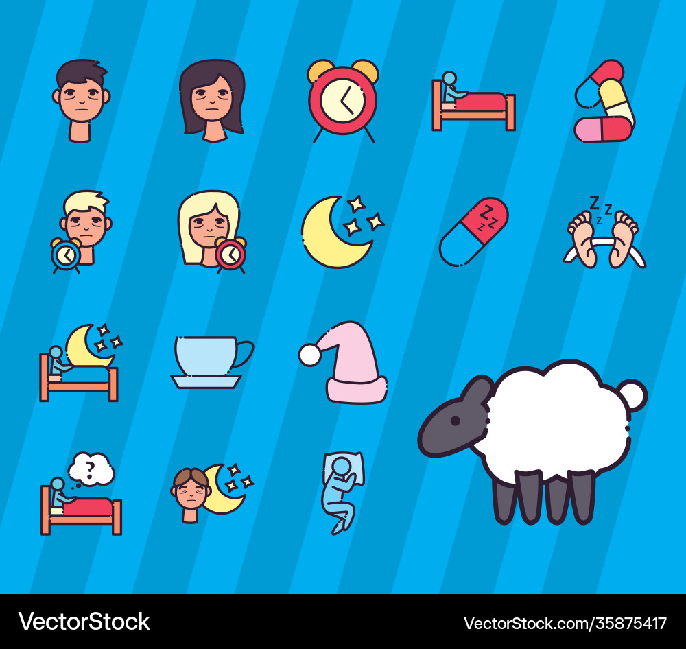 Insomnia line and fill style set icons Insomnia line and fill style set icons Vector Image