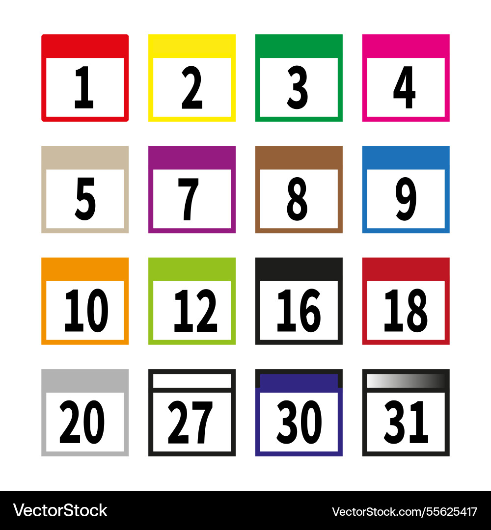 Numbered squares set colorful calendar icons date Numbered squares set colorful calendar icons date Vector Image