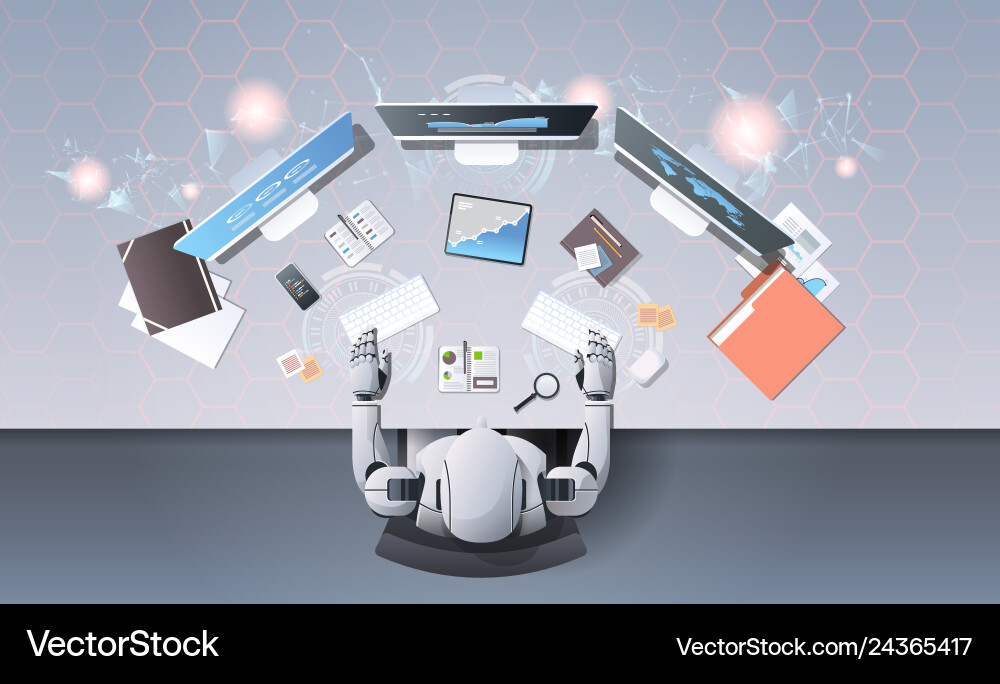 Robot Typing on Computer Monitors vector image