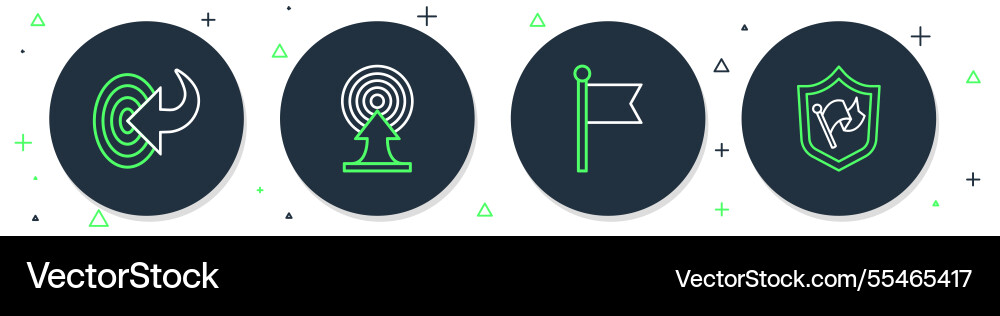 Set line target with arrow flag and shield Set line target with arrow flag and shield vector image
