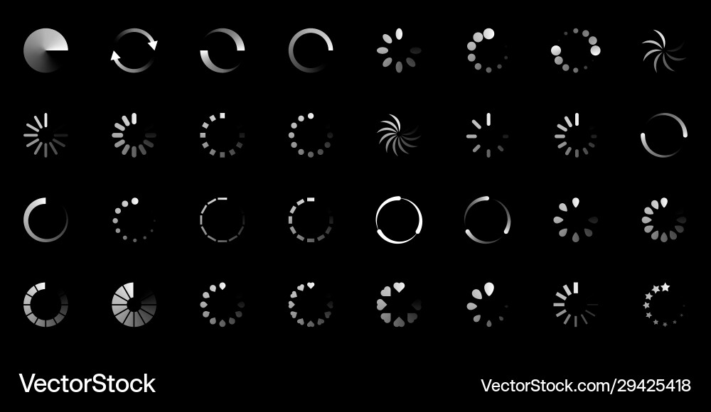 Isolated loading icon set on black background Isolated loading icon set on black background Vector Image