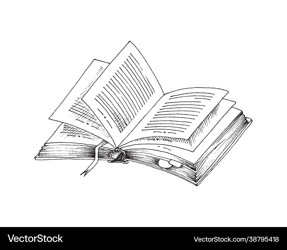Open book with bookmarks and notes in sketch style Open book with bookmarks and notes in sketch style Vector Image