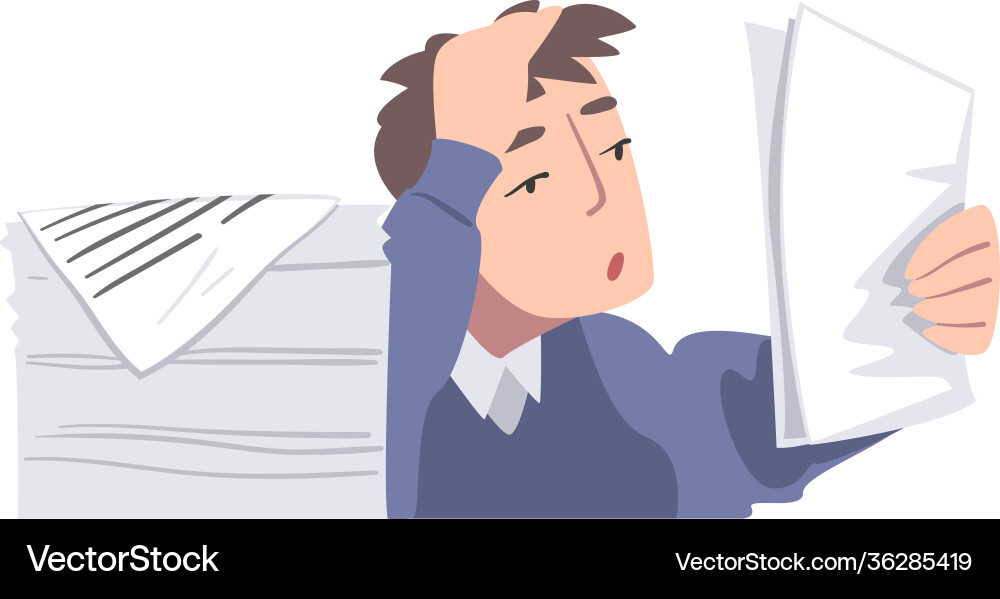 Overworked man character at table with pile Overworked man character at table with pile Vector Image