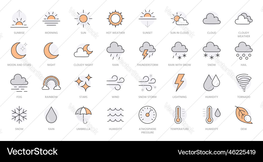 Weather line icons set sun rain thunder storm Weather line icons set sun rain thunder storm vector image
