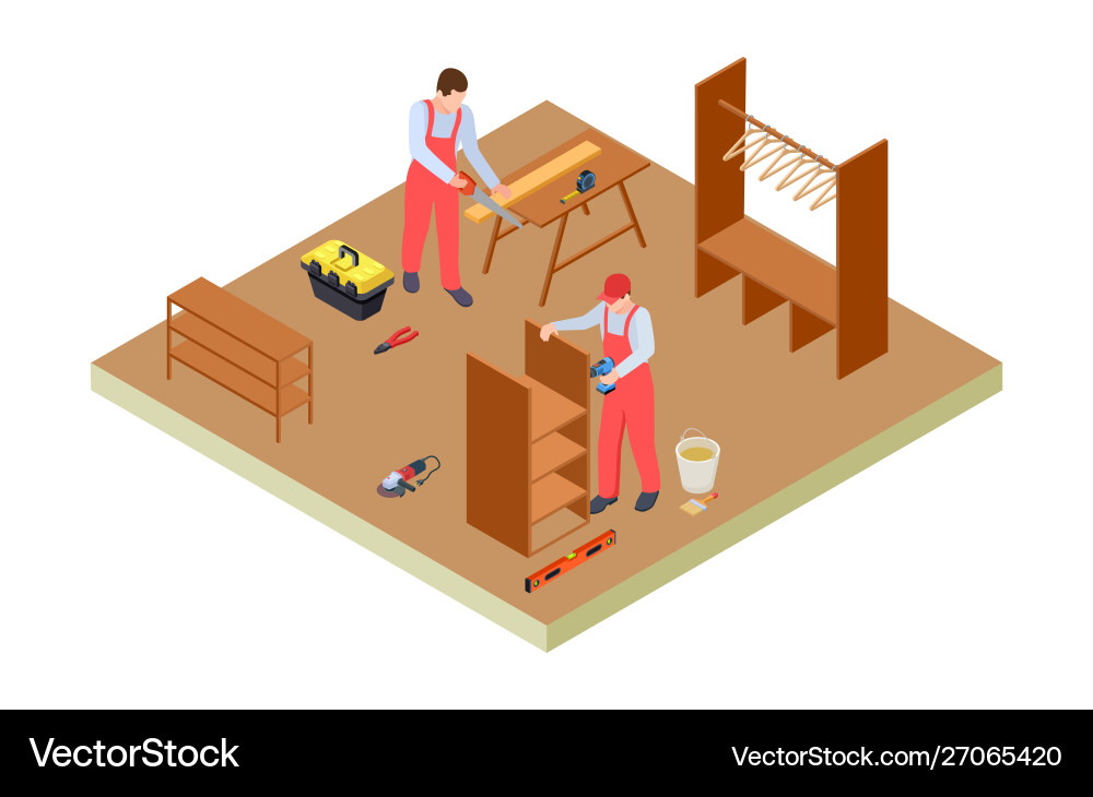 Carpenters workshop isometric woodworkers Carpenters workshop isometric woodworkers vector image