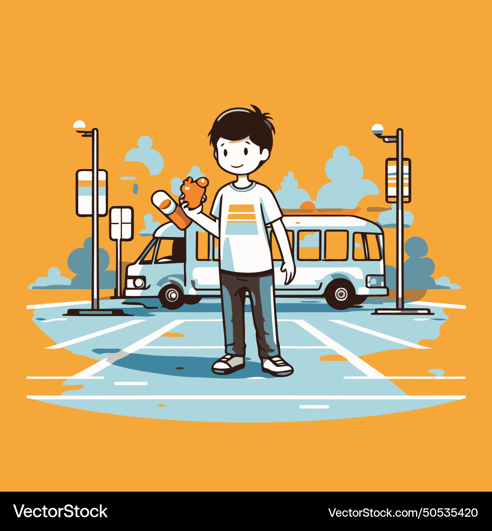 Man with a dog in the bus stop flat style vector image