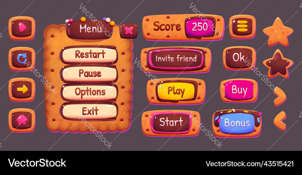 Game menu board and buttons with cookie texture Game menu board and buttons with cookie texture vector image