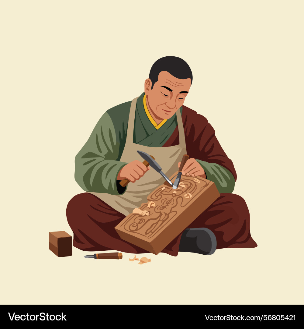 Man carving wood block intricately with chisel Vector Image