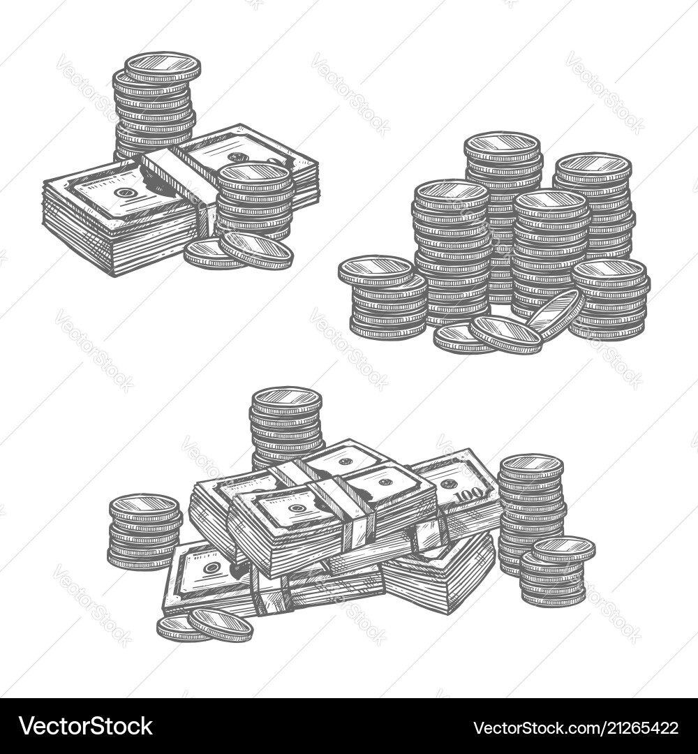 Dollar banknotes or cent coins sketch icons Dollar banknotes or cent coins sketch icons vector image